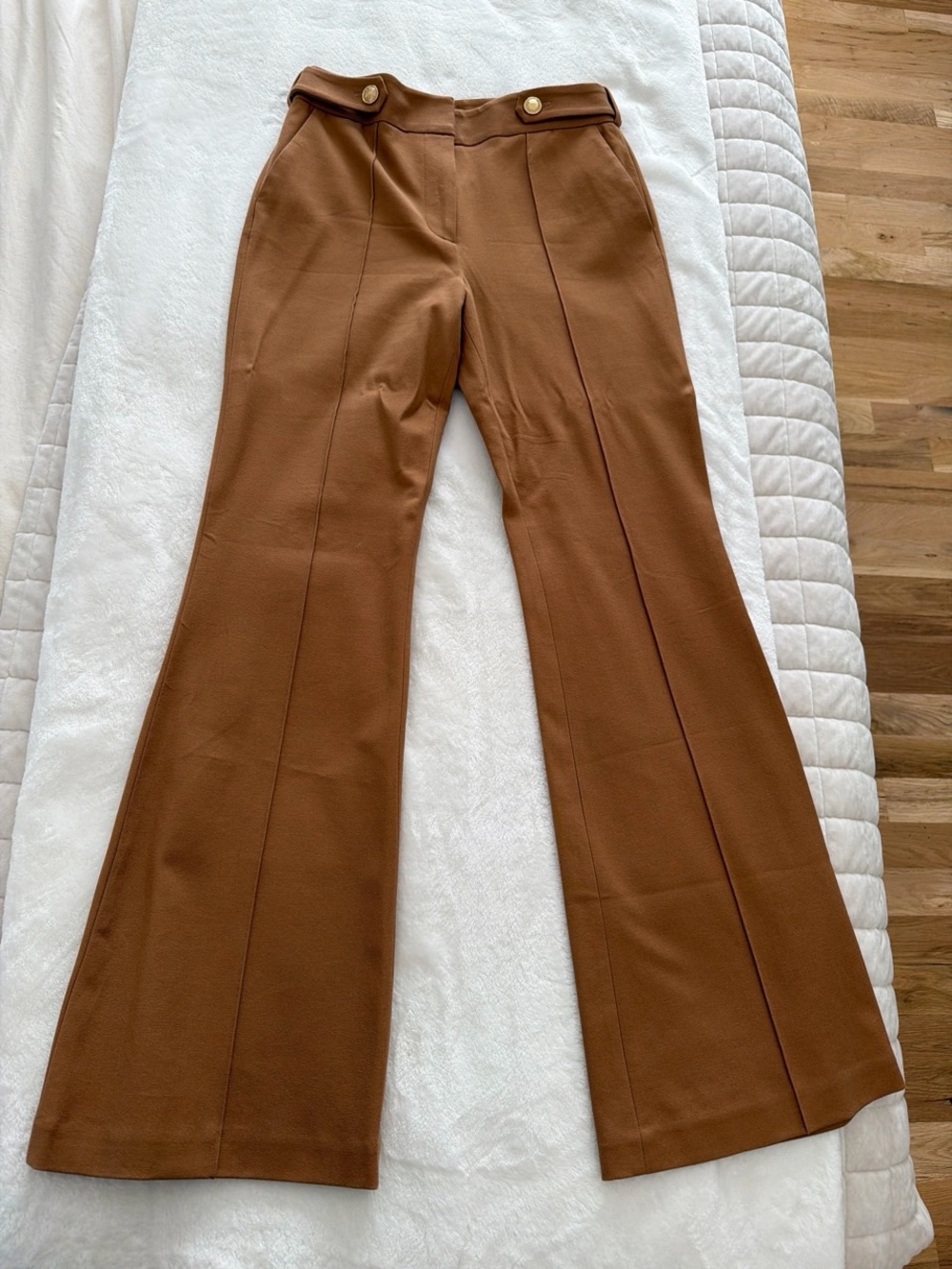 Elie Tahari Warm Cognac Flare Pants with Gold Buttons